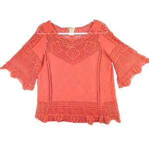 Democracy Womens Terracotta Crochet Lace Boho Embroidered Peasant Top Small